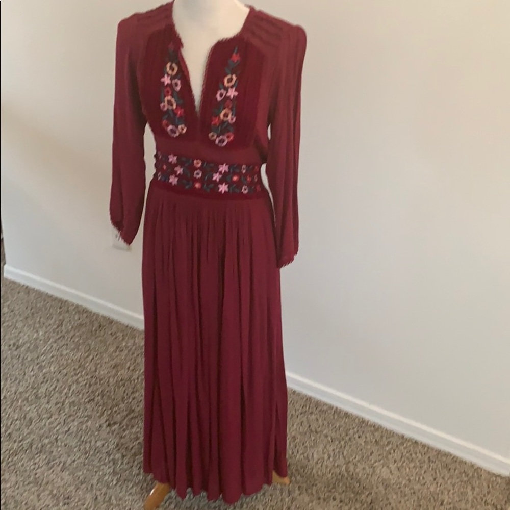 Free People Embroidered Maxi Peasant Dress Size M